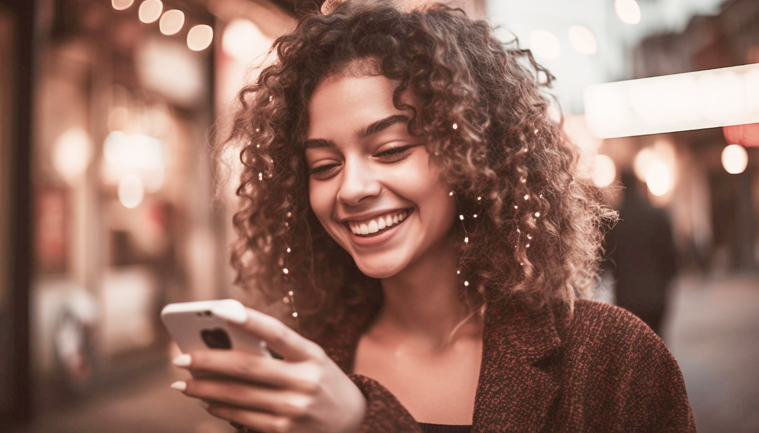 mulher jovem sorri olhando para o smartphone